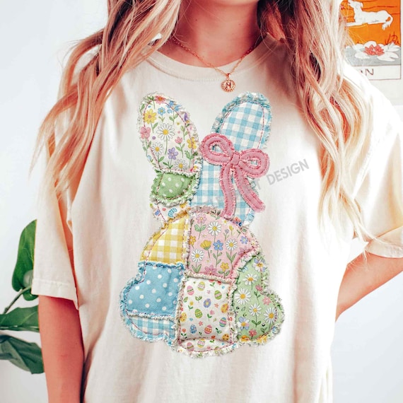 Faux Yarn Easter Bunny PNG, Preppy Easter Png, Patchwork Coquette Bow Spring Sublimation Design (Digital Download)