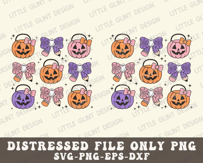 K&ouml;nnte beinhalten: Ein digitales Designblatt mit 12 Bildern von Halloween-k&uuml;rbissen mit Schleifen und Geistern. Die K&uuml;rbisse sind orange, rosa und lila. Die Schleifen sind rosa und lila. Die Geister sind wei&szlig;. Der Text "DISTRESSED FILE ONLY PNG SVG-PNG-EPS-DXF" befindet sich am unteren Rand des Blattes.