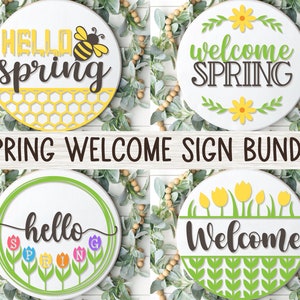 Spring Welcome Sign Bundle, Round Door Hanger SVG, Spring Sign Svg, Farmhouse Spring Door Decor, Glowforge, Png, Dxf, Svg Files for Cricut