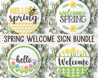 Spring Welcome Sign Bundle, Round Door Hanger SVG, Spring Sign Svg, Farmhouse Spring Door Decor, Glowforge, Png, Dxf, Svg Files for Cricut