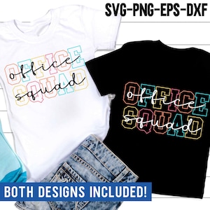 Könnte beinhalten: Zwei Designs für ein T-Shirt mit dem Text "Office Squad" in bunten umrandeten Buchstaben. Das erste Design hat den Text in einem Regenbogen-Farbschema mit weißem Hintergrund. Das zweite Design hat den Text in einem Regenbogen-Farbschema mit schwarzem Hintergrund.