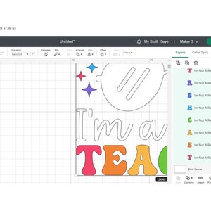 May include: A digital design for a craft project that says "I'm a Teacher" in colourful letters with a star and a circle with two lines inside.