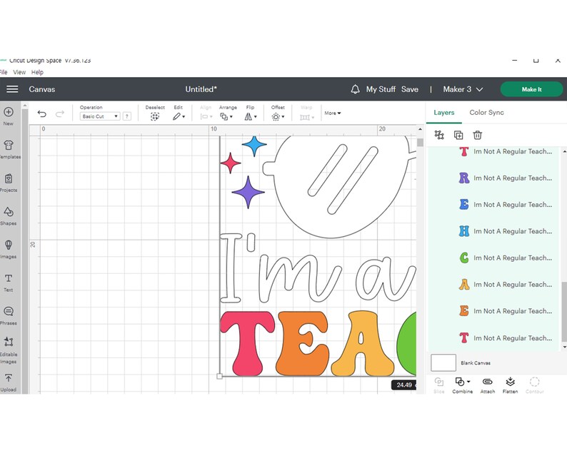 May include: A digital design for a craft project that says "I'm a Teacher" in colourful letters with a star and a circle with two lines inside.