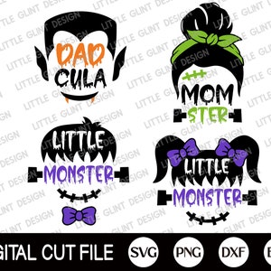May include: Digital cut file design for a family of monsters. The design includes a dadcula, a momster, and two little monsters. The designs are in black, green, purple, and orange.