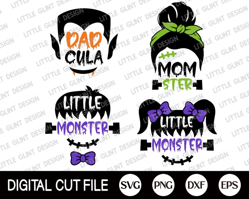 May include: Digital cut file design for a family of monsters. The design includes a dadcula, a momster, and two little monsters. The designs are in black, green, purple, and orange.