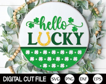 St Patrick Door Hanger SVG, Hello lucky, Welcome Sign SVG, St Patrick's, Shamrock, Clover Png, St Patty Door Decor, Svg Files for Cricut