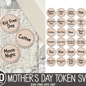 Token del Día de la Madre SVG, Conjunto de 30 archivos cortados con láser, Día de las Madres Svg, Mamá necesita un frasco, Regalo para la madre, SVG, Archivo Glowforge