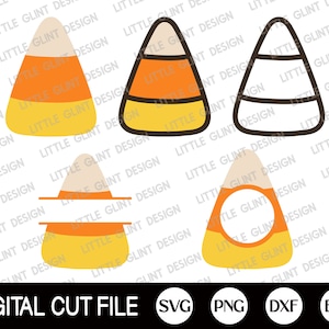 May include: A digital cut file set of three different designs of a candy corn. The first design is a filled-in candy corn with orange, yellow, and white stripes. The second design is an outline of the candy corn with black lines. The third design is a candy corn with a circle in the middle for personalisation.