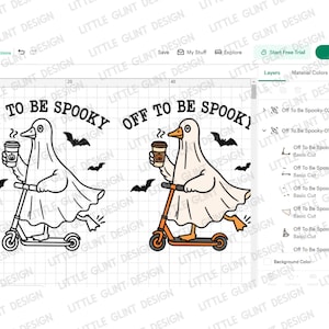 May include: A digital design featuring a cartoon duck dressed as a ghost, riding a scooter and holding a coffee cup. The text reads "F to be Spooky" and "Off to be Spooky" with bat illustrations. The design is in black and white, with an orange scooter.