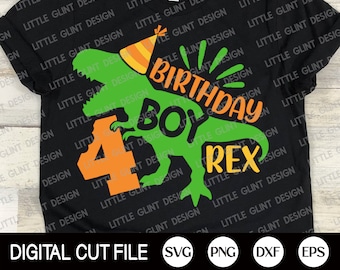 May include: A black t-shirt with a green dinosaur wearing a party hat. The dinosaur is holding a large orange number 4. The text "4th Birthday Boy Rex" is written in orange and green on the shirt.