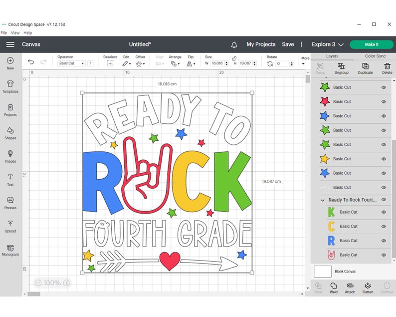 May include: A design for a craft project that says "Ready to Rock Fourth Grade" in colorful letters with a rock and roll hand gesture, stars, and an arrow with a heart.
