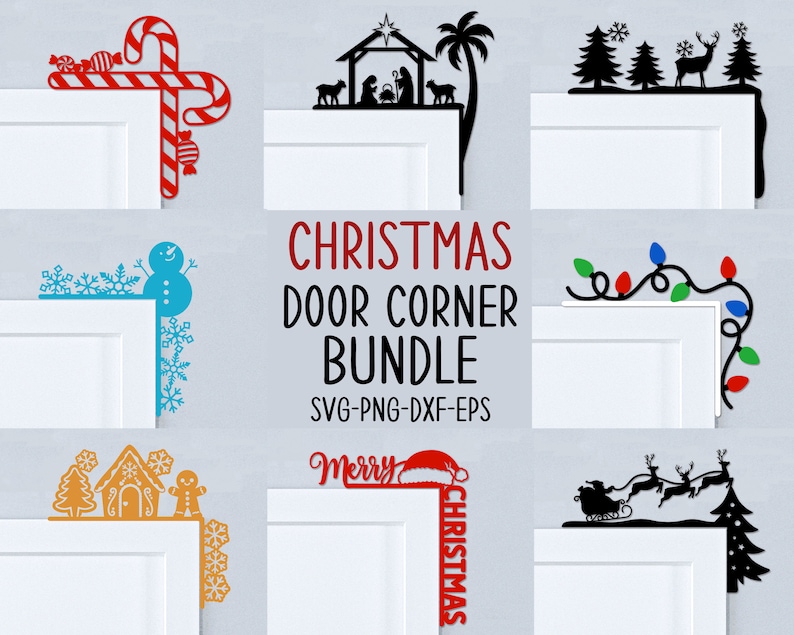 May include: A set of 10 Christmas door corner SVG cut files. The designs include a snowman, candy canes, a nativity scene, a reindeer, Christmas lights, a gingerbread house, a Santa hat, and a sleigh with reindeer. The text "Merry Christmas" is also included.  SVG-PNG-DXF-EPS