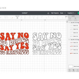May include: A red and white design with the text "Say No To Drugs Say Yes To Kindness" in a retro font style. The design is shown on a white background with a grid pattern.