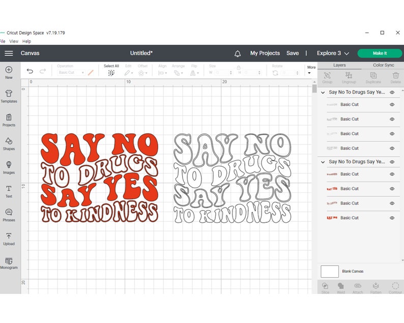 May include: A red and white design with the text "Say No To Drugs Say Yes To Kindness" in a retro font style. The design is shown on a white background with a grid pattern.