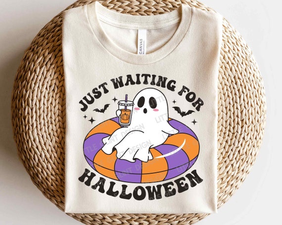 Cute Ghost PNG SVG, Just Waiting for Halloween, Coffee Png, Retro Halloween Shirt, Sublimation Png, Svg Files For Cricut