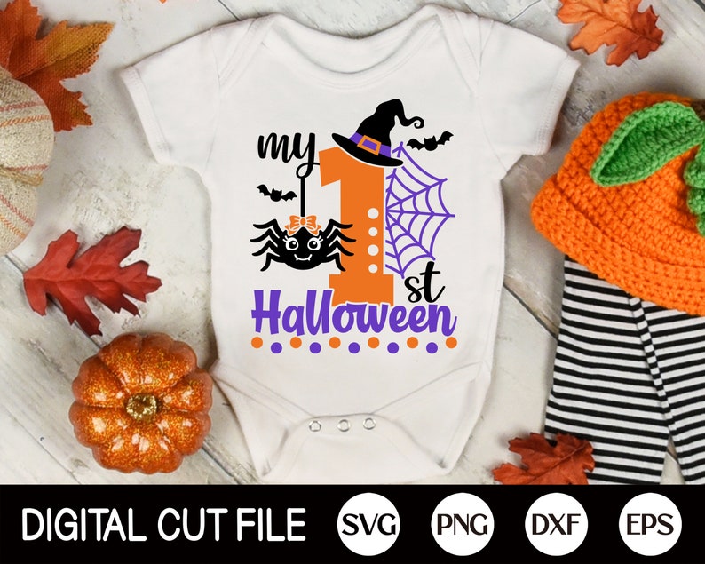 May include: White onesie with a purple and orange graphic of a spider, a witch's hat, and the text "my 1st Halloween".