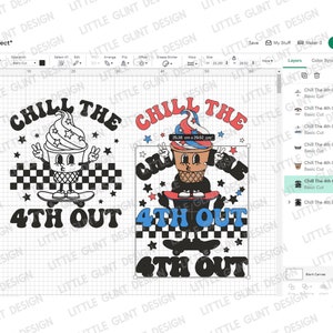 May include: A digital design featuring an ice cream cone character on a skateboard with the text "Chill The 4th Out" in a retro style. The ice cream cone is wearing a red, white, and blue hat and has a peace sign on each hand.