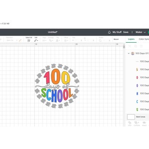 K&ouml;nnte beinhalten: Ein farbenfrohes Design f&uuml;r eine 100-Tage-Schulfeier. Das Design zeigt den Text "100 Tage Schule" in einem Regenbogen aus Farben mit einem Kreis aus kleinen Zahlen um den Text.