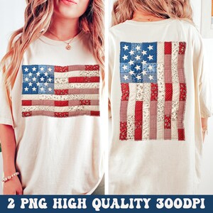 Faux Patchwork American Flag PNG, Vintage Patchwork Patriotic Design, 4th of July Sublimation, Cottagecore Gingham Graphic