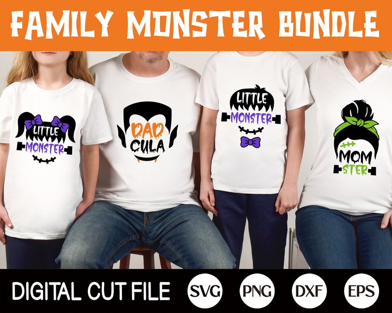 May include: A digital cut file bundle of four SVG designs featuring Halloween-themed text and graphics. The designs include "Little Monster", "Dad Cula", "Little Monster" and "Mom Ster".