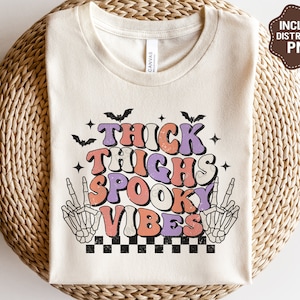 Thick Thighs Spooky Vibes SVG PNG, Halloween Svg, Peace Skeleton Svg, Distressed Png, Retro Halloween Shirt, Svg Files For Cricut