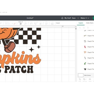 May include: A digital design for a pumpkin patch sign. The design features a cartoon pumpkin with a happy face, wearing shoes and walking on a checkered pattern. The text "Pumpkins Patch" is written in orange and black letters.