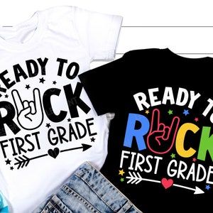 Klaar om te rocken eerste klas SVG, terug naar school SVG, school citaat, jongen 1e dag schoolshirt, 1e klas cadeau, png, svg bestanden voor Cricut