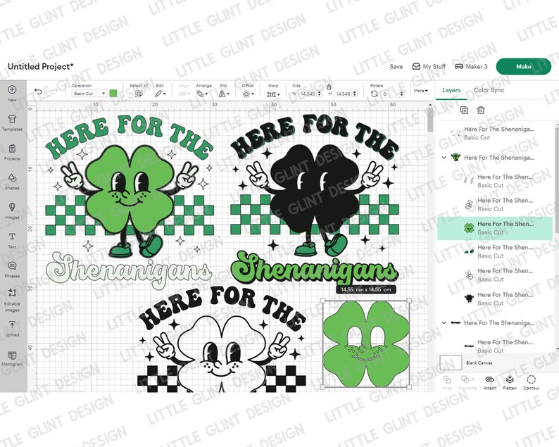 May include: A digital design featuring a green four-leaf clover with a smiling face and arms and legs. The clover is wearing green shoes and is standing on a checkered pattern. The text "Here for the Shenanigans" is written in a green and black font above the clover.