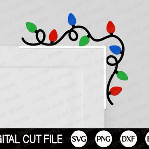 May include: A digital cut file design of a string of Christmas lights in red, green, and blue, with a corner design for a door or wall.