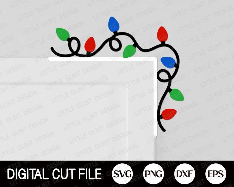 May include: A digital cut file design of a string of Christmas lights in red, green, and blue, with a corner design for a door or wall.