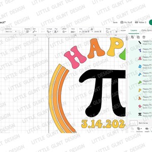 Może przedstawiać: Cyfrowy projekt z napisem "HAPPY" w literach bąbelkowych w stylu retro, kolorowym łukiem tęczy, symbolem pi i datą "3.14.202". Projekt jest umieszczony na tle siatki, co sugeruje cyfrowy projekt artystyczny.