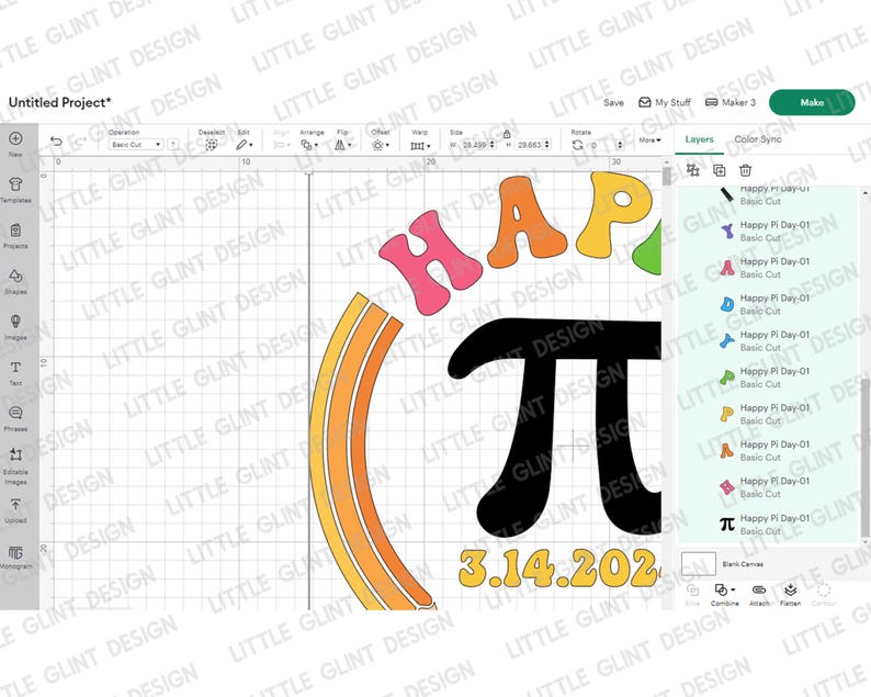 Może przedstawiać: Cyfrowy projekt z napisem "HAPPY" w literach bąbelkowych w stylu retro, kolorowym łukiem tęczy, symbolem pi i datą "3.14.202". Projekt jest umieszczony na tle siatki, co sugeruje cyfrowy projekt artystyczny.
