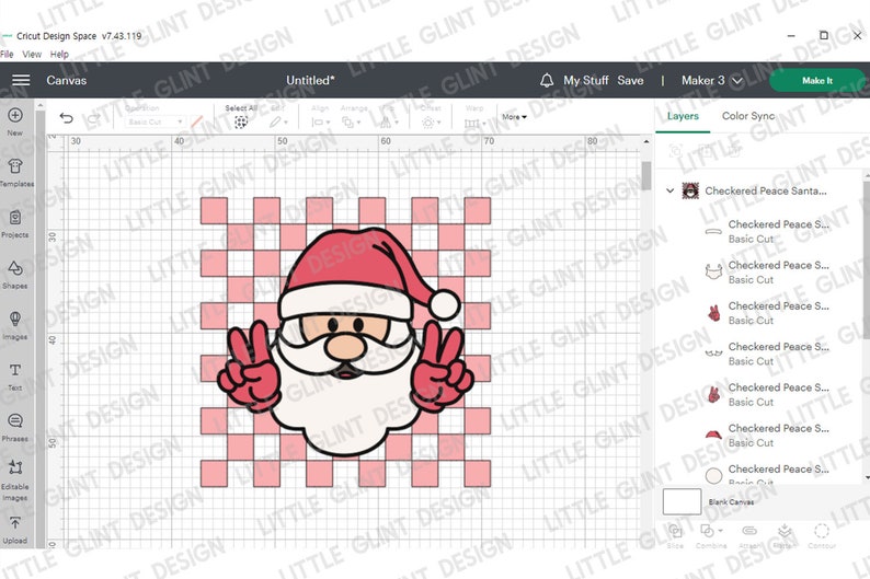 May include: A digital design of a Santa Claus head with a red hat and white beard, giving the peace sign with both hands. The design is on a pink and white checkered background.