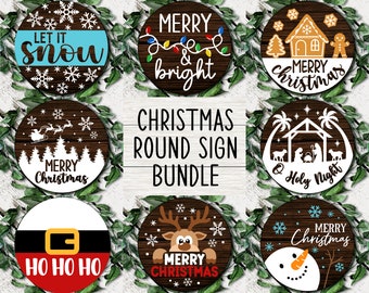 Pacote SVG de sinal de Natal redondo, sinal de porta de Natal, brilho de Natal, sinal de madeira de boas-vindas, presépio, decoração de feriado, arquivos SVG para Cricut
