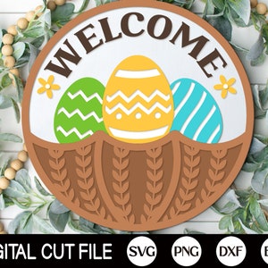 Panneau de bienvenue du panier de Pâques, cintre de porte à ressort SVG, panneau de Pâques Svg, décor de porte d’œuf de Pâques, Glowforge, Png, Dxf, Fichiers Svg pour Cricut