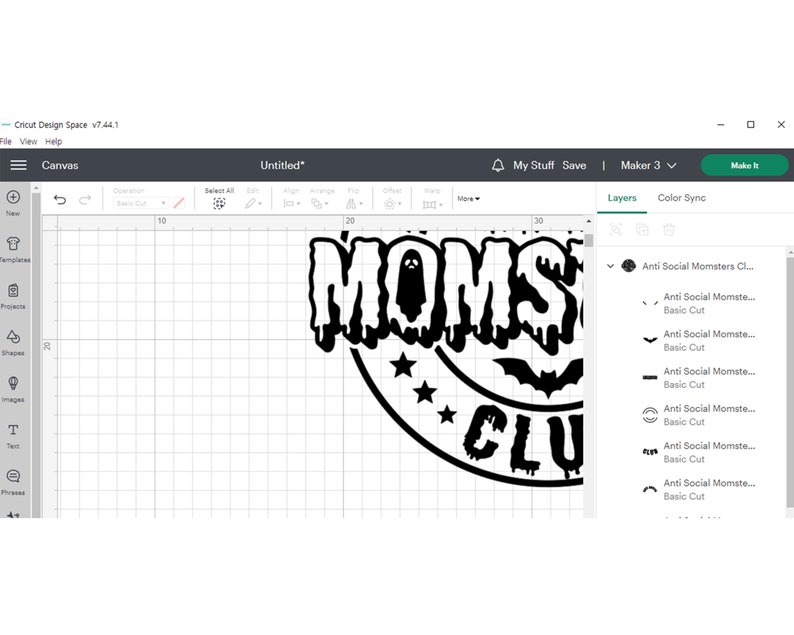 Puede incluir: Un dise&ntilde;o en blanco y negro para un proyecto Cricut. El dise&ntilde;o dice "Anti Social Momsters Club" con un fantasma, murci&eacute;lagos y estrellas.