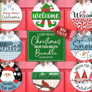 Christmas Door Hanger SVG Bundle, Christmas Welcome Sign SVG, Santa Svg, Cardinal sign, Round Christmas Sign Svg, Glowforge Laser Cut File