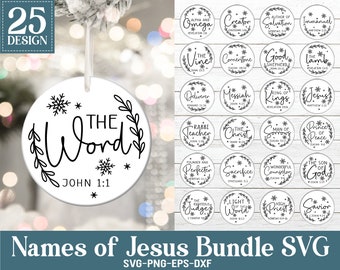 May include: A set of 25 black and white SVG designs featuring different names of Jesus with Bible verses. The designs are perfect for creating Christmas ornaments, cards, or other crafts.