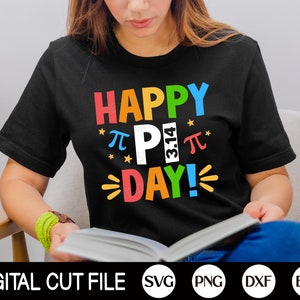 May include: A black t-shirt with the text "HAPPY PI DAY!" in colorful letters. The text includes a pi symbol and the number 3.14.