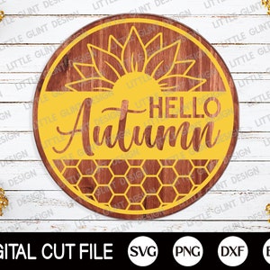 Hola otoño SVG, girasol redondo signo, decoración de otoño, signo de bienvenida de otoño, Acción de Gracias svg, signo de porche de granja, archivos svg para cricut