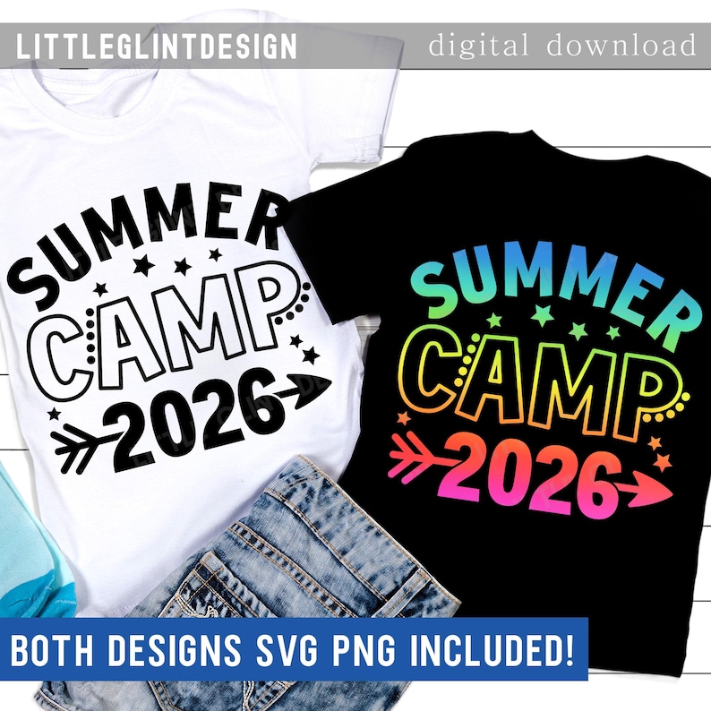 May include: Two t-shirts, one white and one black, with the text "SUMMER CAMP 2026" in a playful font. The white shirt has black text, while the black shirt features a colorful gradient design. The shirts are paired with blue denim shorts.