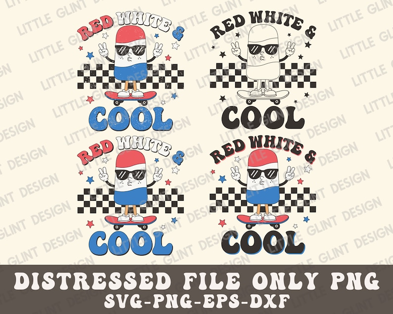 May include: Red, white, and blue popsicle cartoon character wearing sunglasses and skateboarding with the text "Red White & Cool" in a distressed font.