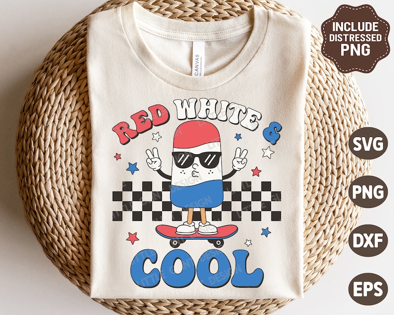 May include: A white t-shirt with a red, white, and blue popsicle graphic. The popsicle is wearing sunglasses and holding a peace sign. The text "Red White & Cool" is printed on the shirt.