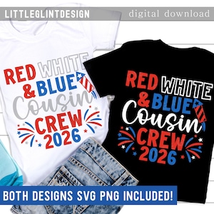 May include: Two t-shirts, one white and one black, with the text "RED WHITE & BLUE Cousin CREW 2026" in red, white, and blue. The shirts are folded with a pair of blue jeans.