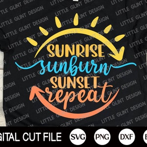 Könnte beinhalten: Ein schwarzes T-Shirt mit einem Grafikdesign einer Sonne mit dem Text "Sunrise, Sunburn, Sunset, Repeat" in einer bunten Schrift.