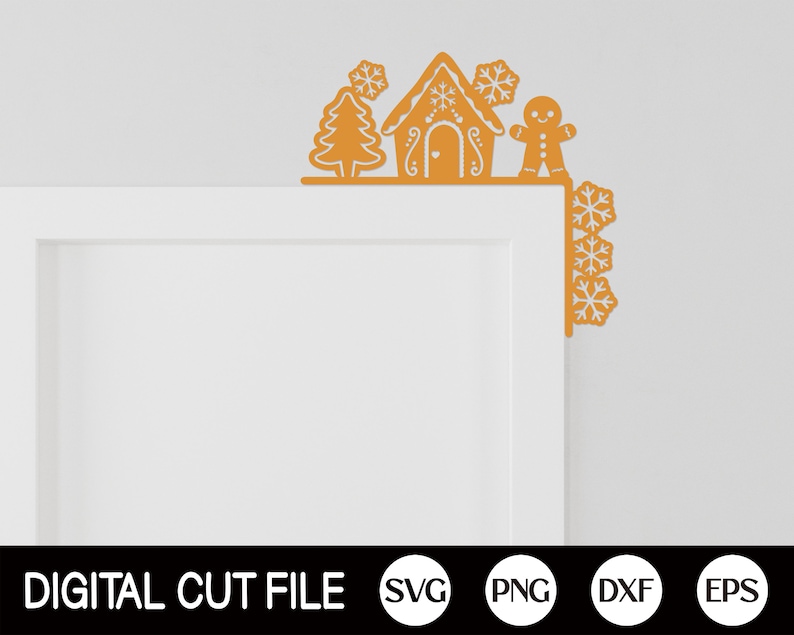 May include: A digital cut file design featuring a gingerbread house, a gingerbread person, and a Christmas tree, all decorated with snowflakes. The design is perfect for creating festive door decorations or other crafts.