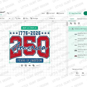 May include: A digital design featuring the text "1776-2026" above the number "250" and the word "America" in a patriotic font. The design includes stars and the phrase "Years of Freedom". The design measures 29.03 cm x 22.81 cm.
