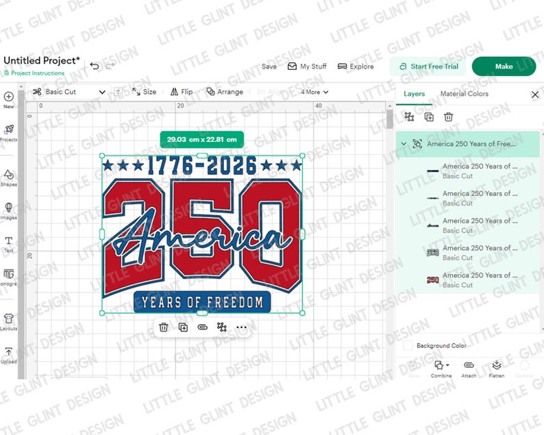 May include: A digital design featuring the text "1776-2026" above the number "250" and the word "America" in a patriotic font. The design includes stars and the phrase "Years of Freedom". The design measures 29.03 cm x 22.81 cm.
