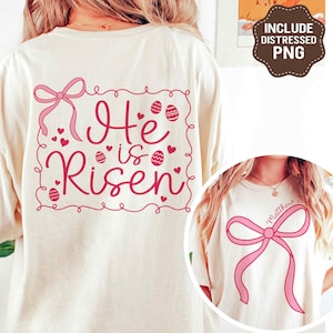He is Risen Coquette Bow lichtroze PNG SVG, Pasen christelijke png, bijbelvers png, christelijke meisjes sublimatie ontwerp