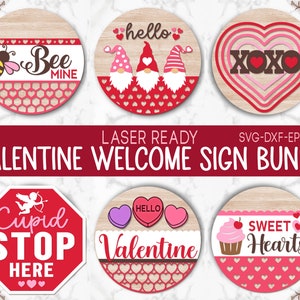 Valentinstag Willkommensschild Set, Valentinstag Türaufhänger SVG, Herz SVG, Rundes Schild Valentine Tür Dekor, Glowforge Laser Cut Datei